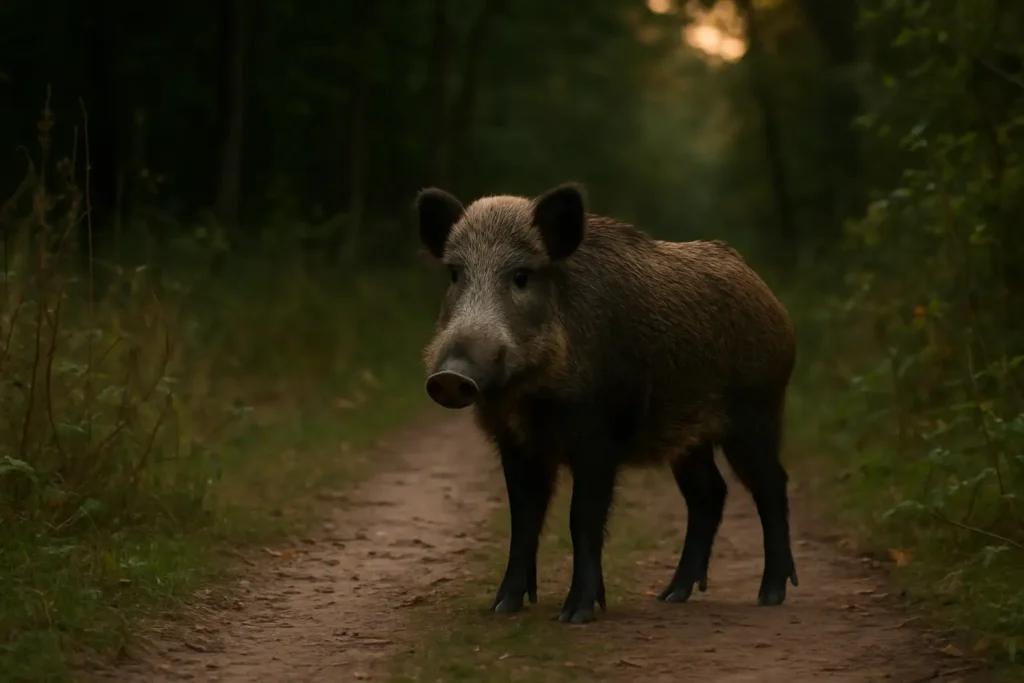 Sanglier sauvage en lisière de forêt, prêt à traverser un sentier