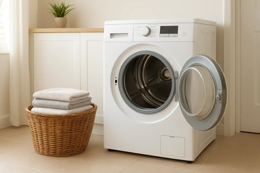 Sèche-linge Valberg installé dans une buanderie propre avec du linge à proximité