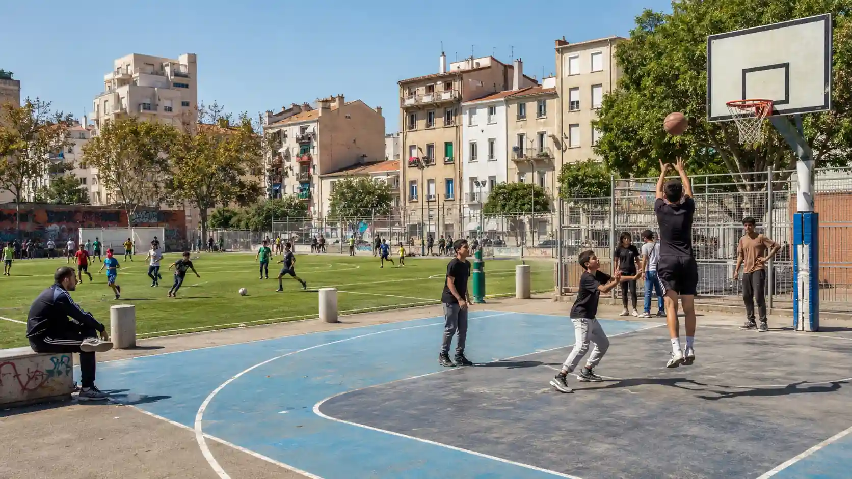 Complexe sportif de quartier à Marseille avec terrain de basket et terrain de football utilisés par des jeunes en plein air.