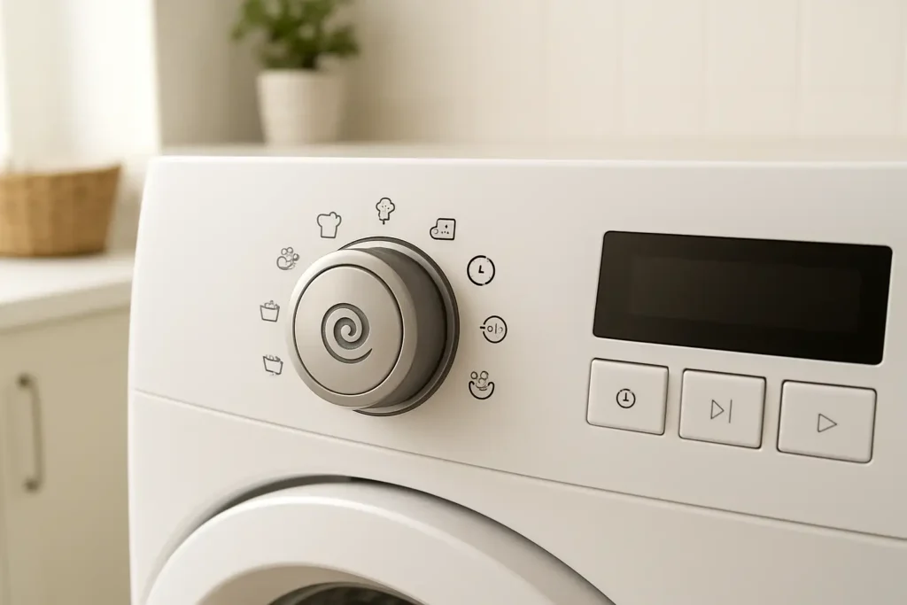 Panneau de commande d’une machine à laver avec le symbole d’essorage en spirale