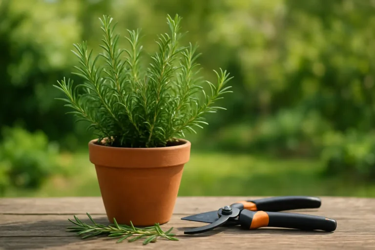 Romarin en pot dans un jardin avec un sécateur à côté, illustrant la taille de l’arbuste