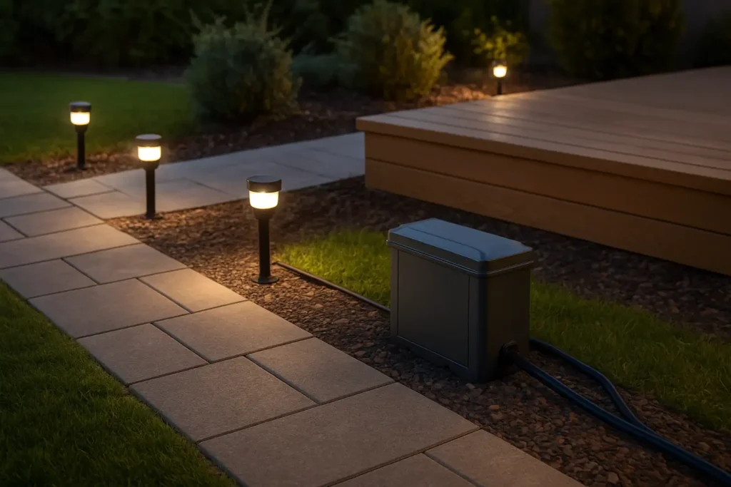 Transformateur 220V 24V installé dans un jardin pour alimenter des spots extérieurs