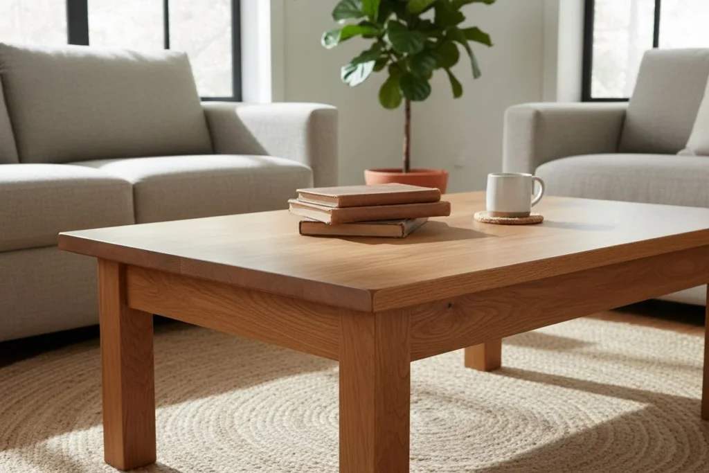 Table basse en bois massif dans un salon moderne avec fauteuils clairs, livres et tasse.