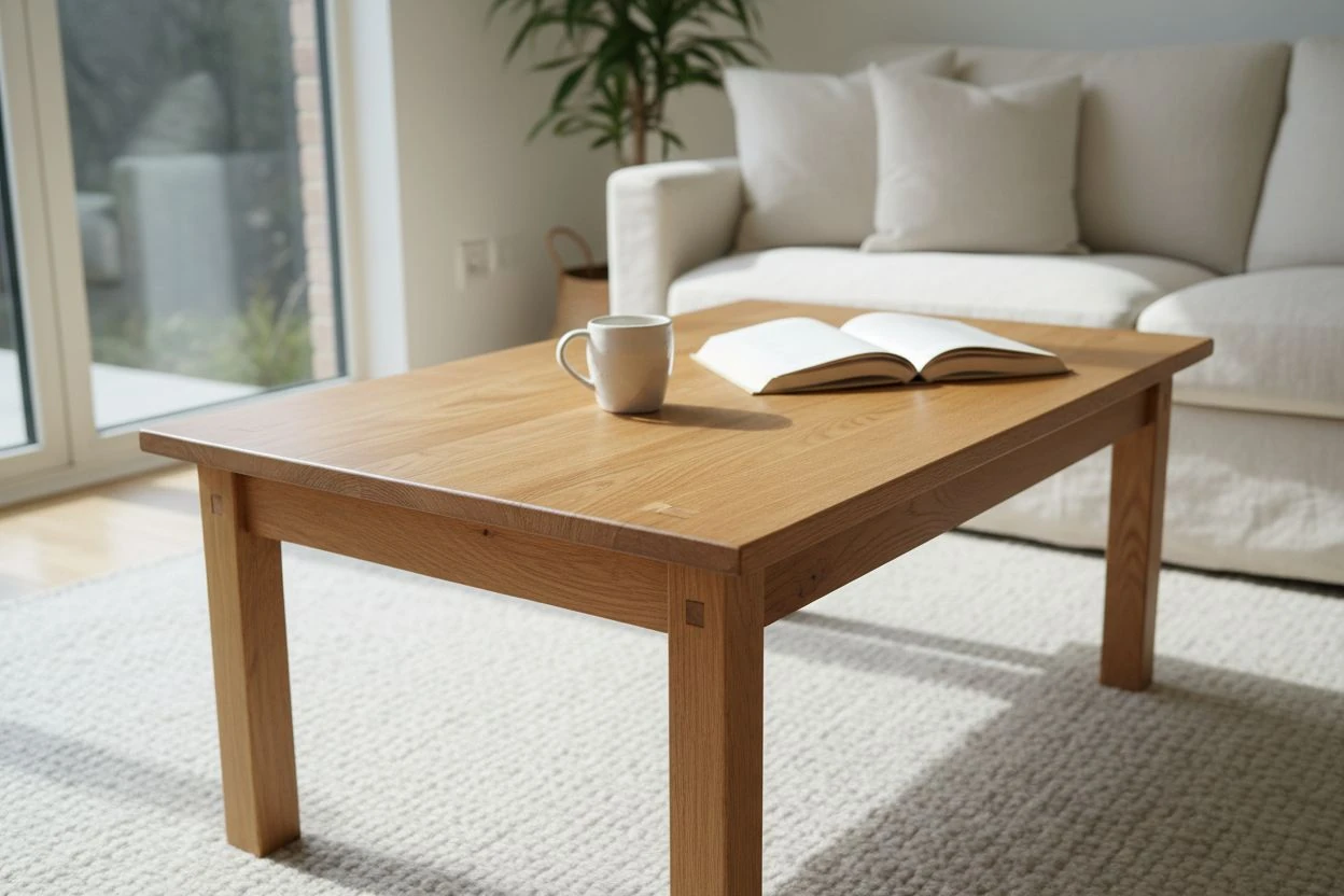Table basse rectangulaire en bois naturel dans un salon lumineux avec canapé beige.