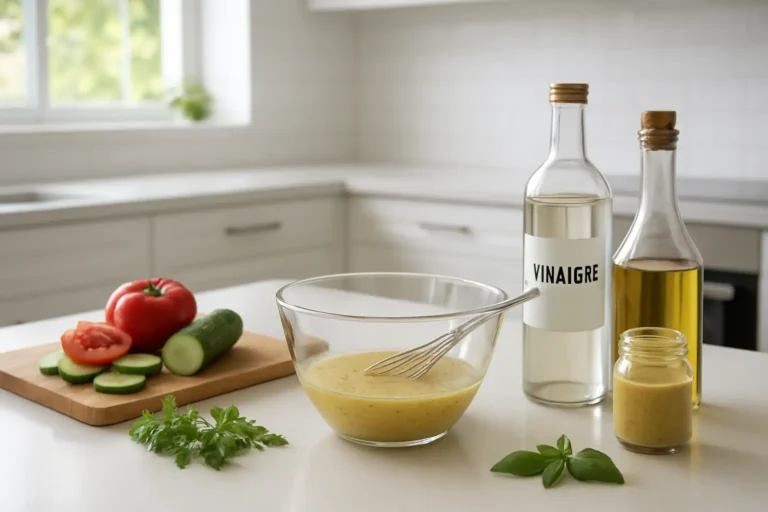 Préparation d’une vinaigrette avec du vinaigre blanc en cuisine