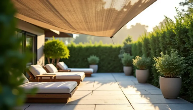 Filet d’ombrage tendu au-dessus d’une terrasse aménagée avec transats, plantes en pot et haies verdoyantes.