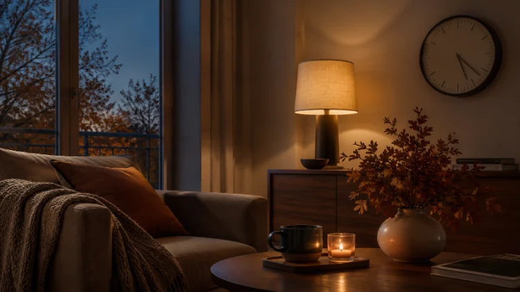 Salon chaleureux en soirée avec lampe allumée, bougie, tasse sur table basse et vue sur l’extérieur au crépuscule.