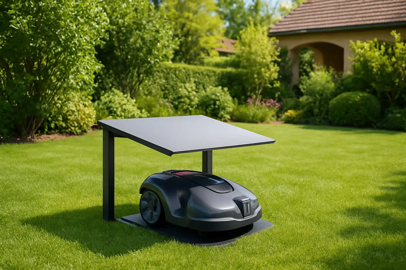 Abri pour robot tondeuse installé au-dessus d’une station de charge dans un jardin