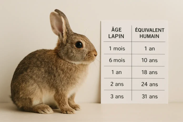Lapin domestique à côté d’un tableau de conversion âge lapin en humain