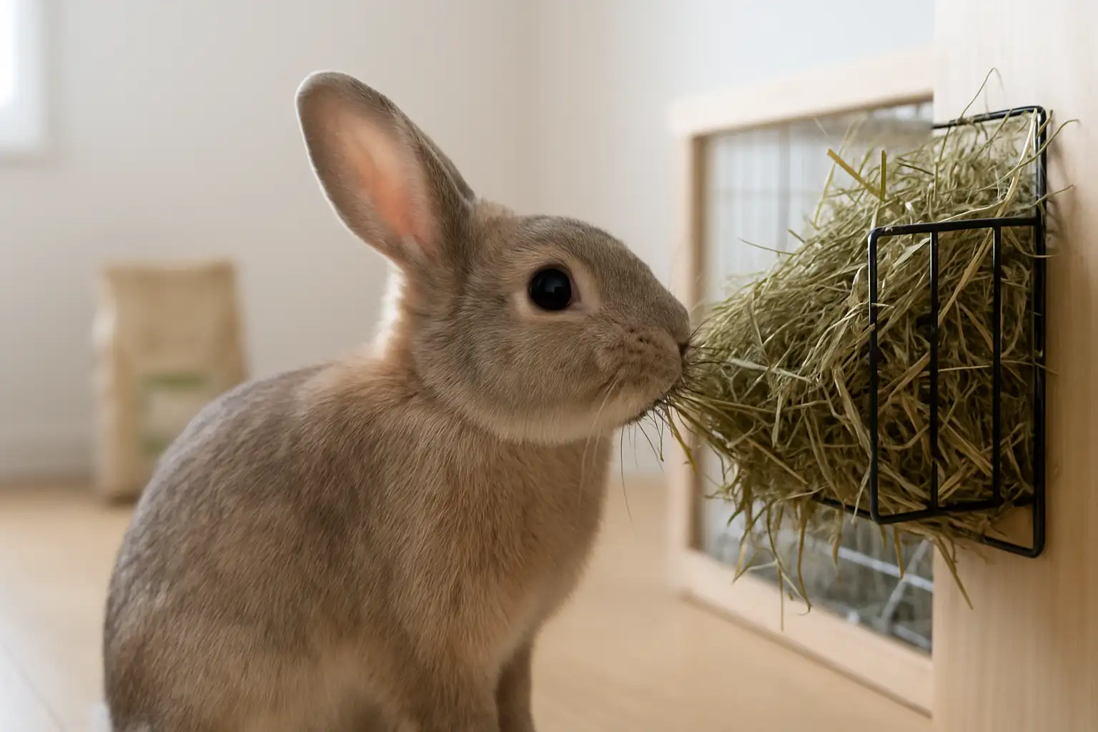 Lapin domestique de profil mangeant du foin dans un râtelier, avec un sac d’alimentation flou en arrière-plan