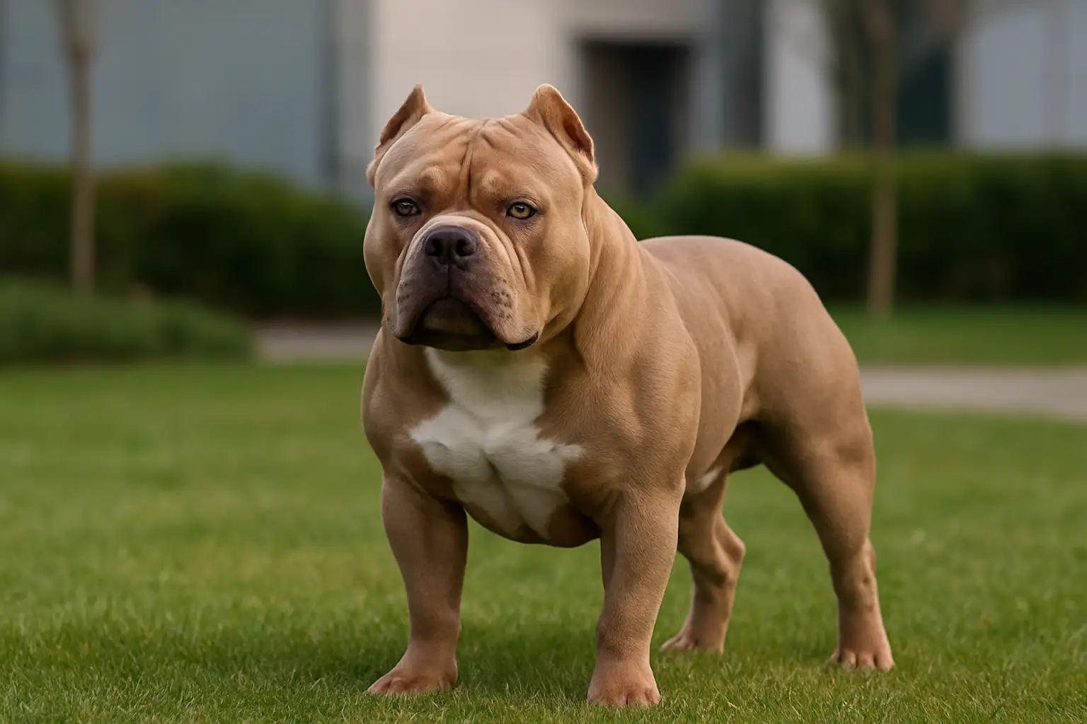 American Bully Standard adulte debout dans un parc, montrant sa morphologie compacte et musclée