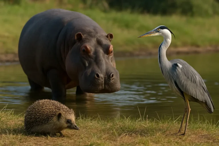 Animaux en H : hippopotame, hérisson et héron dans un décor naturel