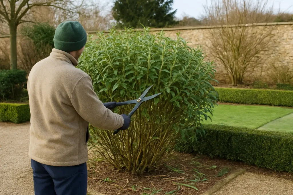 Jardinier taillant un arbre à papillons dans un jardin