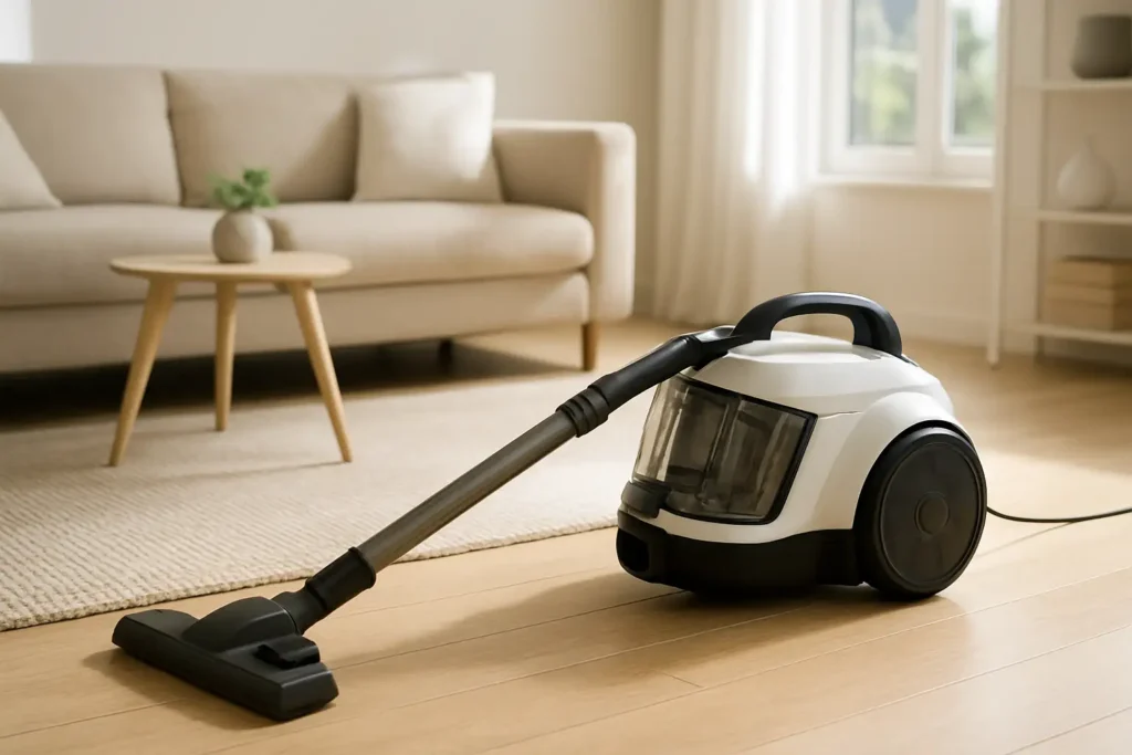 Aspirateur Bosch sans sac dans un intérieur moderne, posé sur un sol domestique à nettoyer