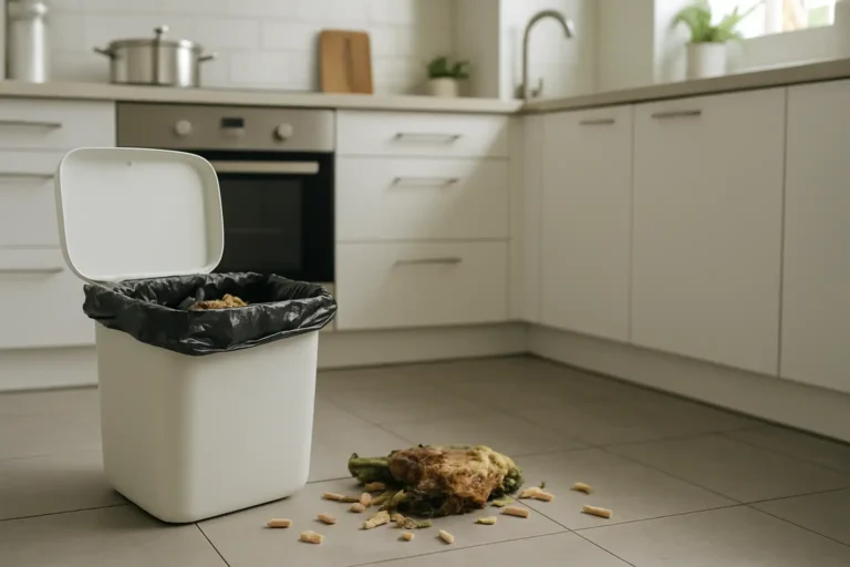 Asticots près d’une poubelle dans une cuisine