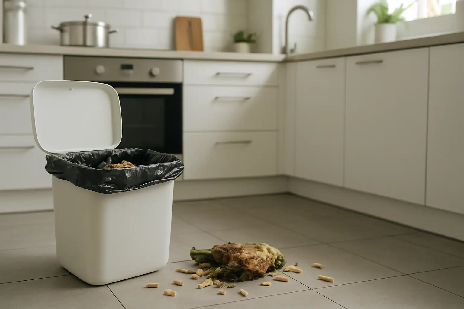 Asticots près d’une poubelle dans une cuisine