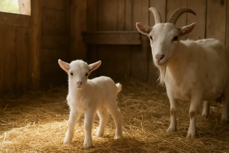 Un jeune chevreau dans un abri propre avec sa mère à la ferme