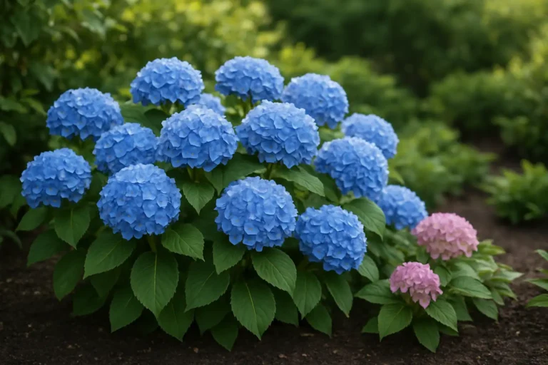 Hortensias bleus et roses dans un jardin, illustrant le bleuissement des hortensias