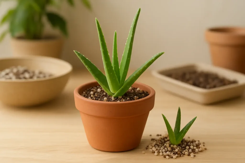 Bouture d’aloe vera dans un pot avec un rejet séparé