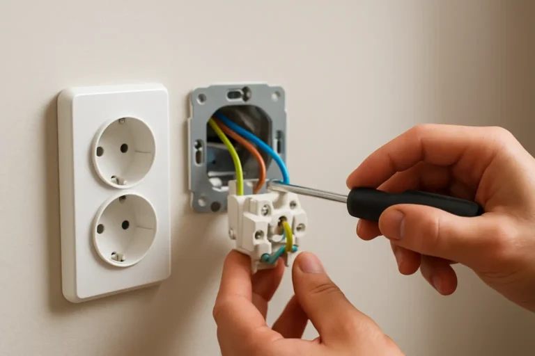 Branchement d’une prise électrique avec phase, neutre et terre visibles