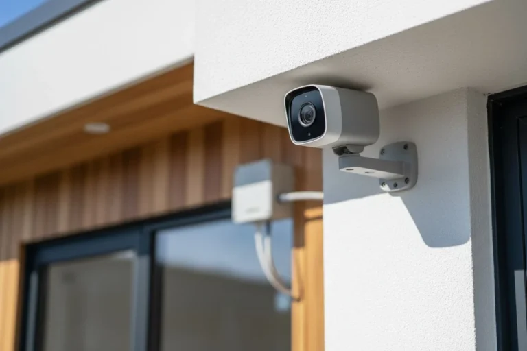 Caméra de surveillance IP fixée sur la façade d’une maison moderne.