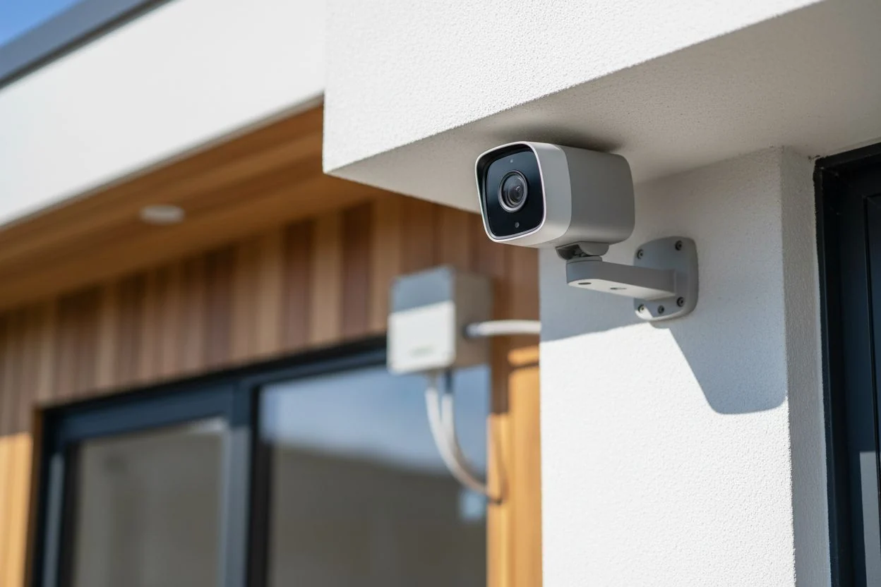 Caméra de surveillance IP fixée sur la façade d’une maison moderne.