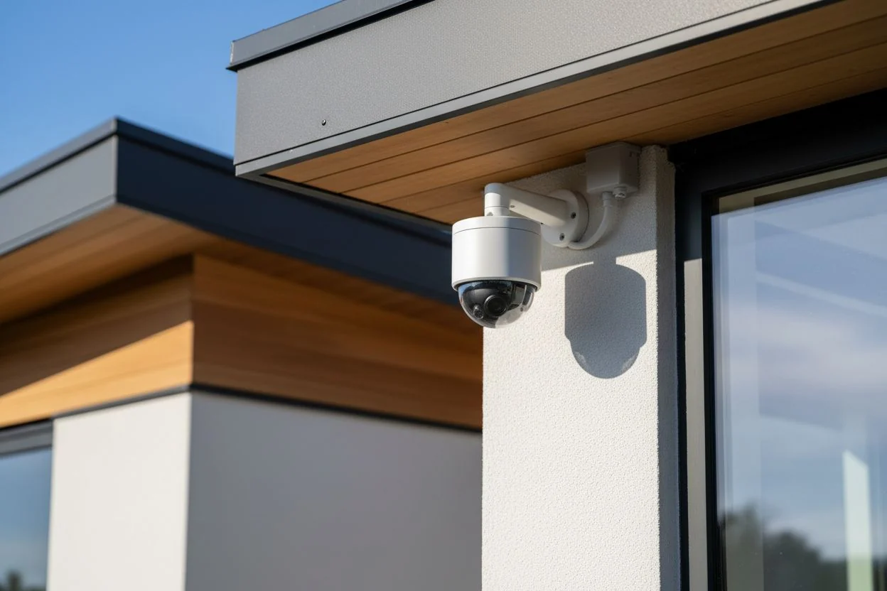 Caméra dôme de surveillance IP installée à l’extérieur sur un angle de maison contemporaine.