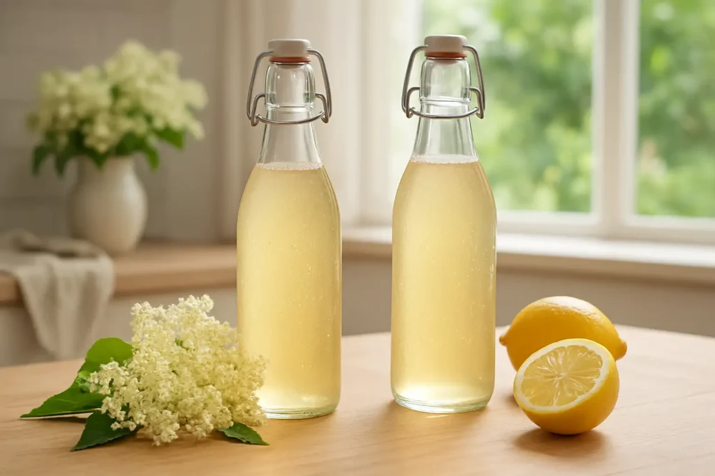 Bouteilles de champagne des fées au sureau avec fleurs fraîches et citrons