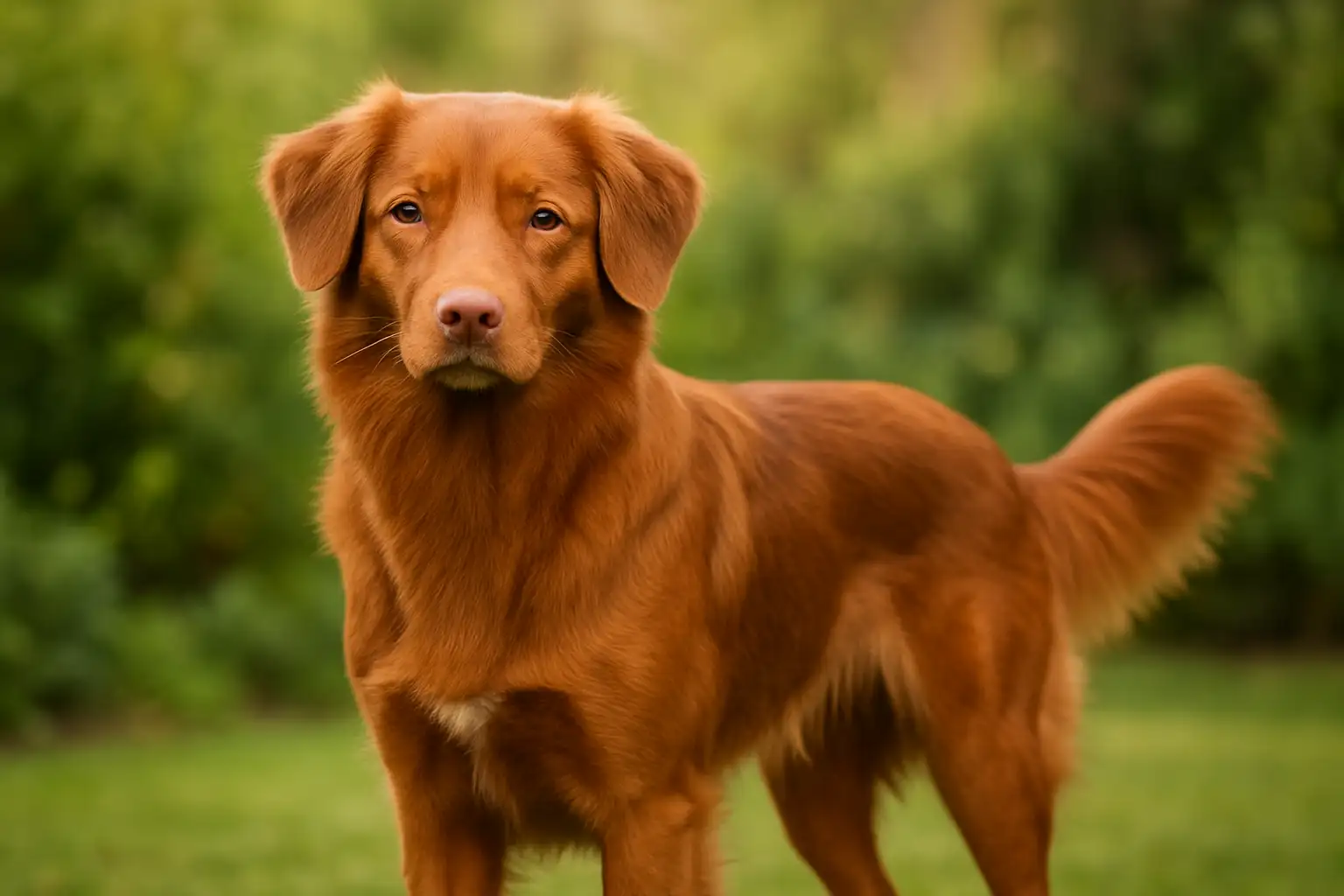 Chien roux au pelage brillant dans un jardin en lumière naturelle