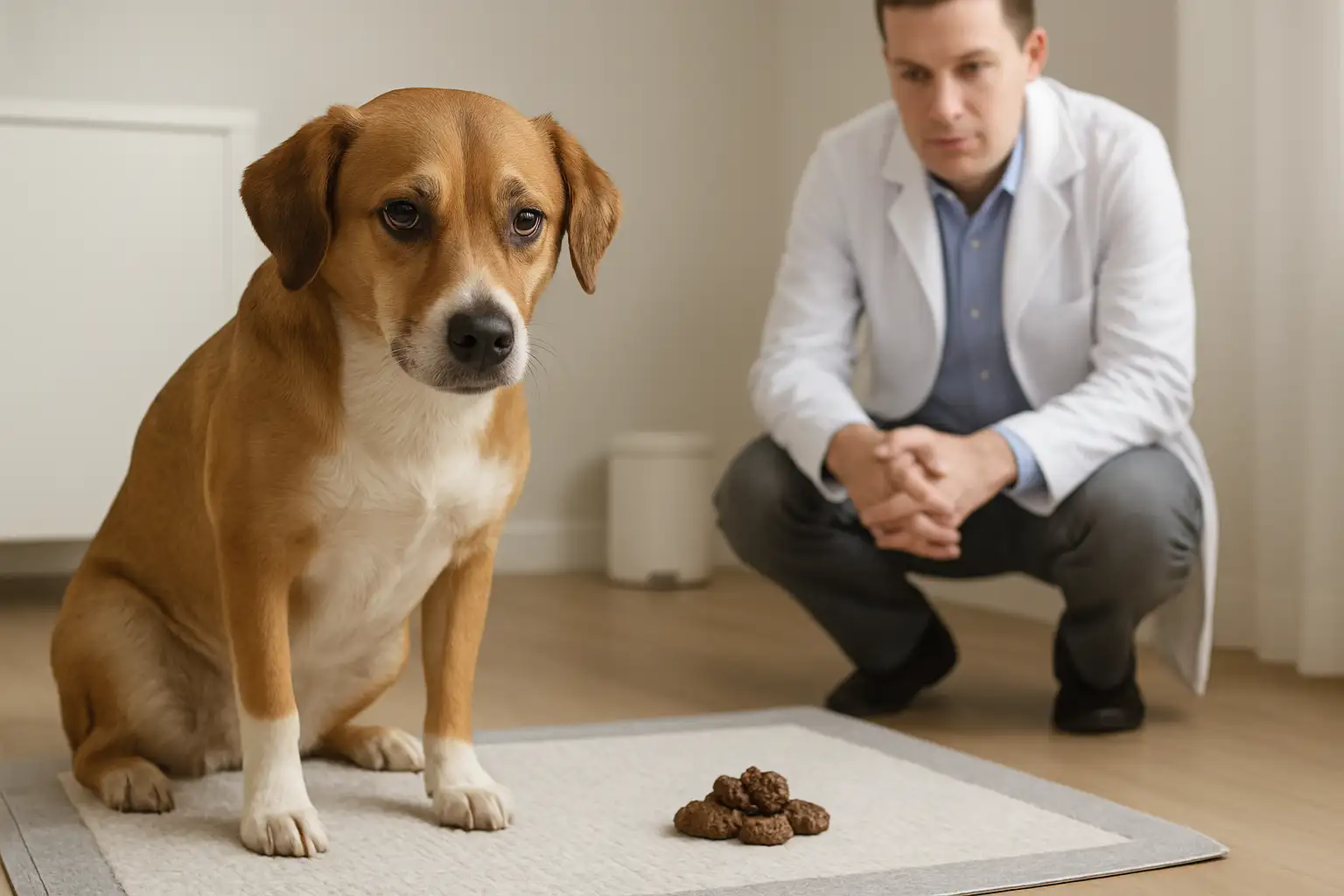 Chien avec sang dans les selles, observé pour une consultation vétérinaire