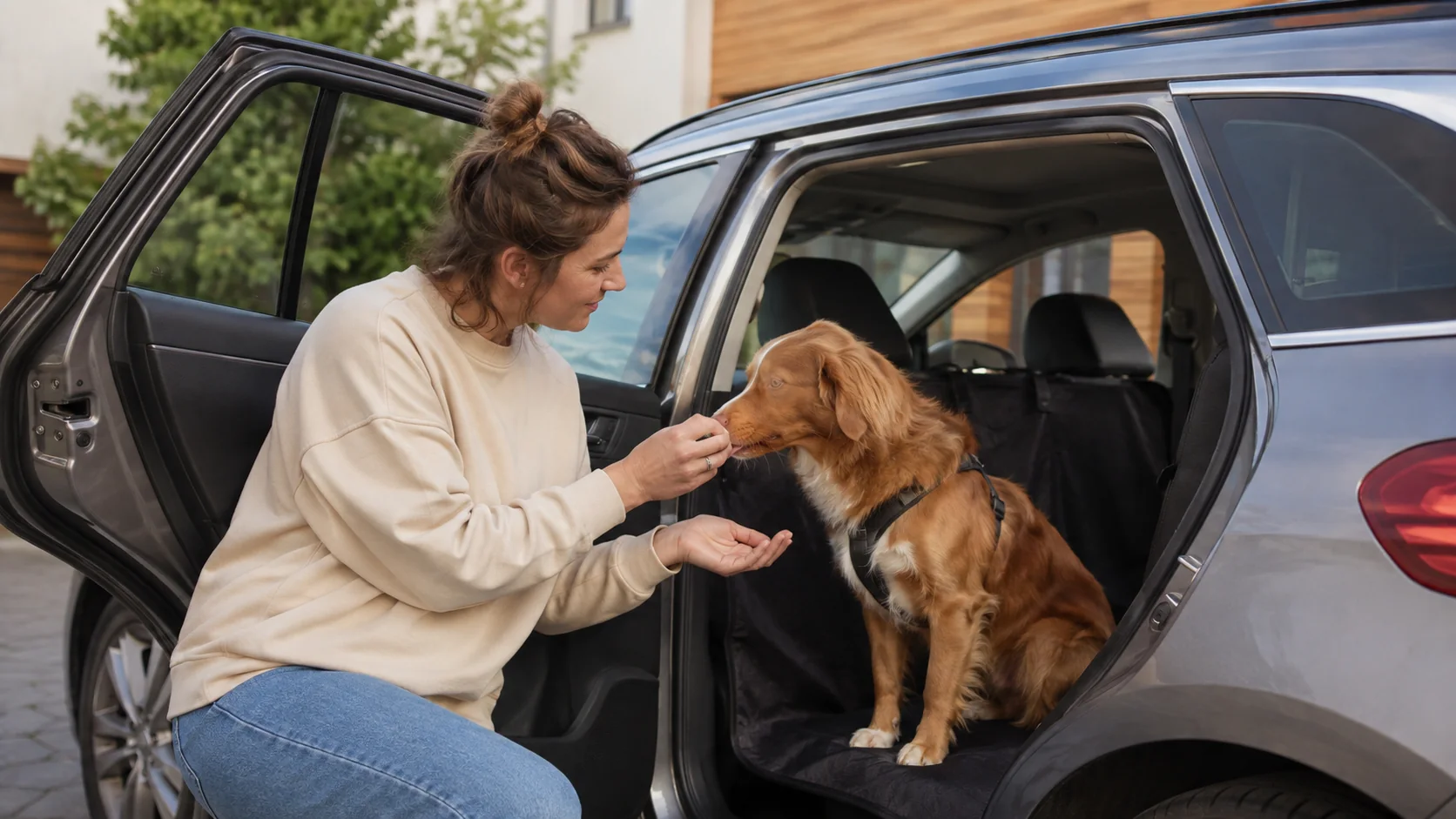 Femme rassurant son chien à la portière d’une voiture avec une friandise avant un trajet.