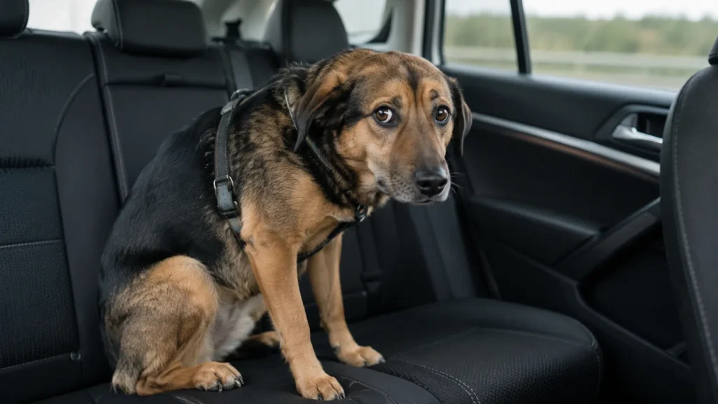 Chien inquiet assis sur la banquette arrière d’une voiture, illustrant le stress canin pendant un trajet.