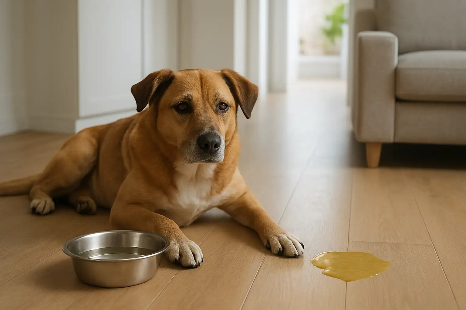 Un chien allongé près de sa gamelle avec une petite flaque de vomi jaune au sol