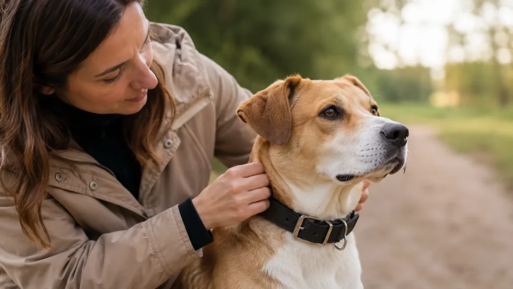 Chien en promenade en pleine nature portant un collier adapté avec sa maîtresse.