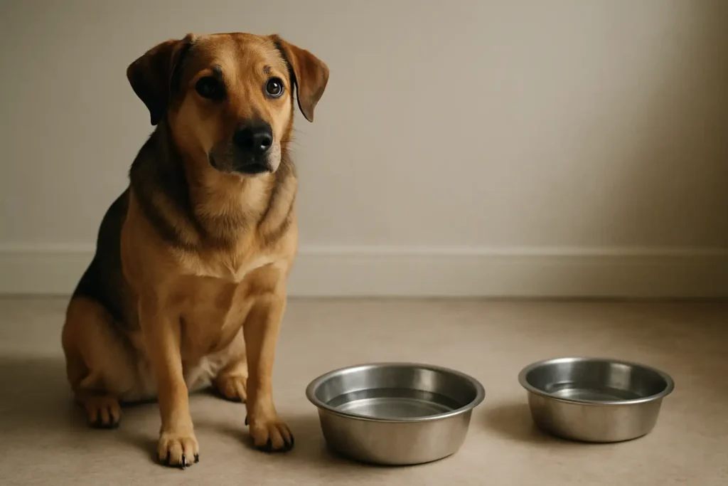 Chien adulte assis près d’une gamelle d’eau pleine et d’une gamelle vide, dans un intérieur neutre