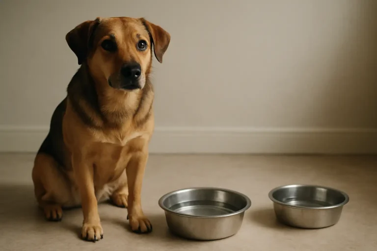 Chien adulte assis près d’une gamelle d’eau pleine et d’une gamelle vide, dans un intérieur neutre