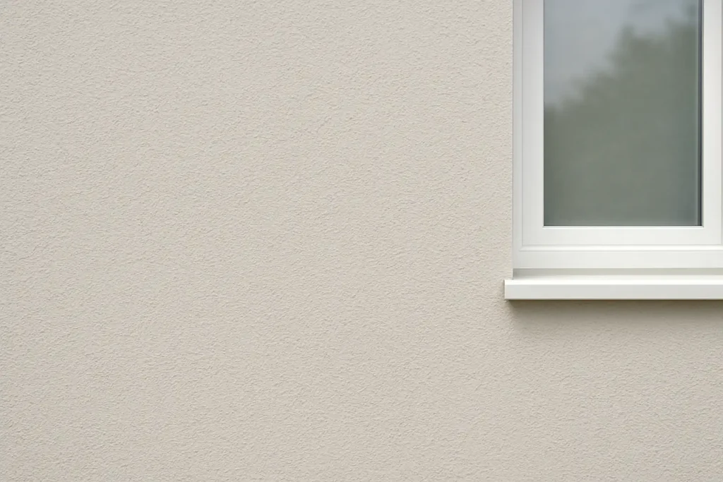 Gros plan d’une façade de maison en enduit gratté de grain moyen, avec une fenêtre partiellement visible.