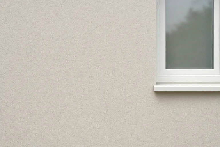 Gros plan d’une façade de maison en enduit gratté de grain moyen, avec une fenêtre partiellement visible.