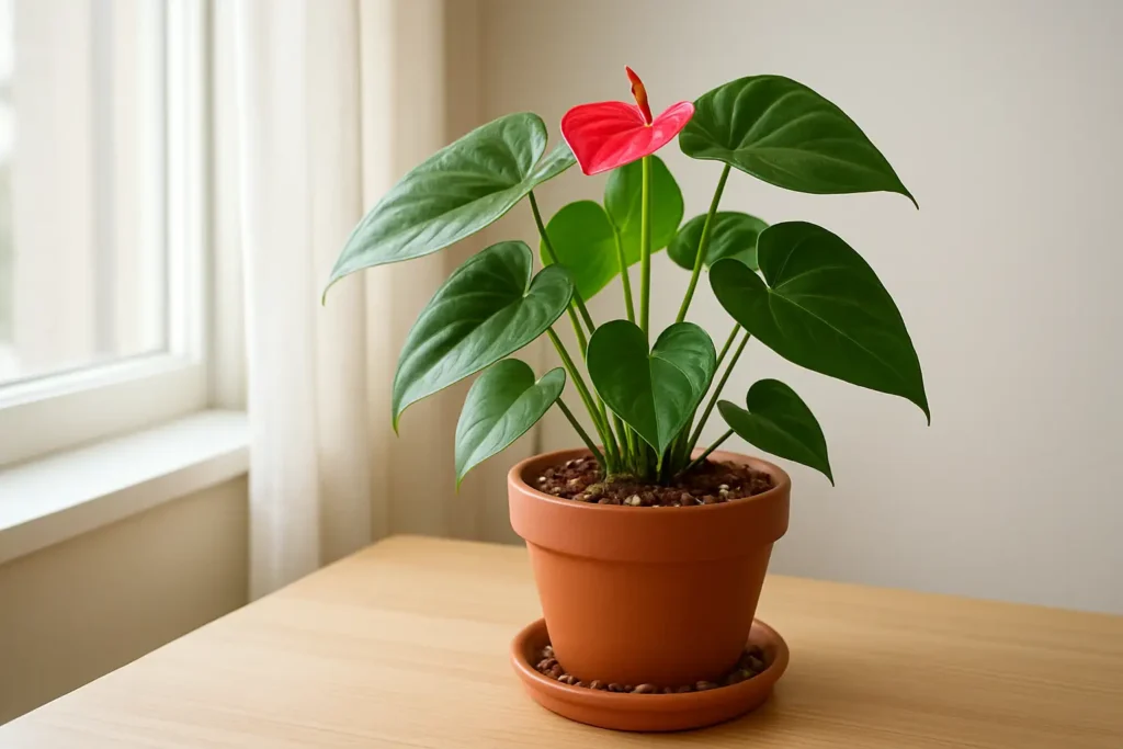 Anthurium d’intérieur en pot près d’une fenêtre, avec lumière tamisée et substrat drainant