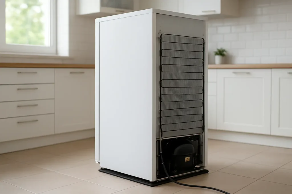 Réfrigérateur domestique vu de trois quarts arrière avec la grille arrière visible dans une cuisine