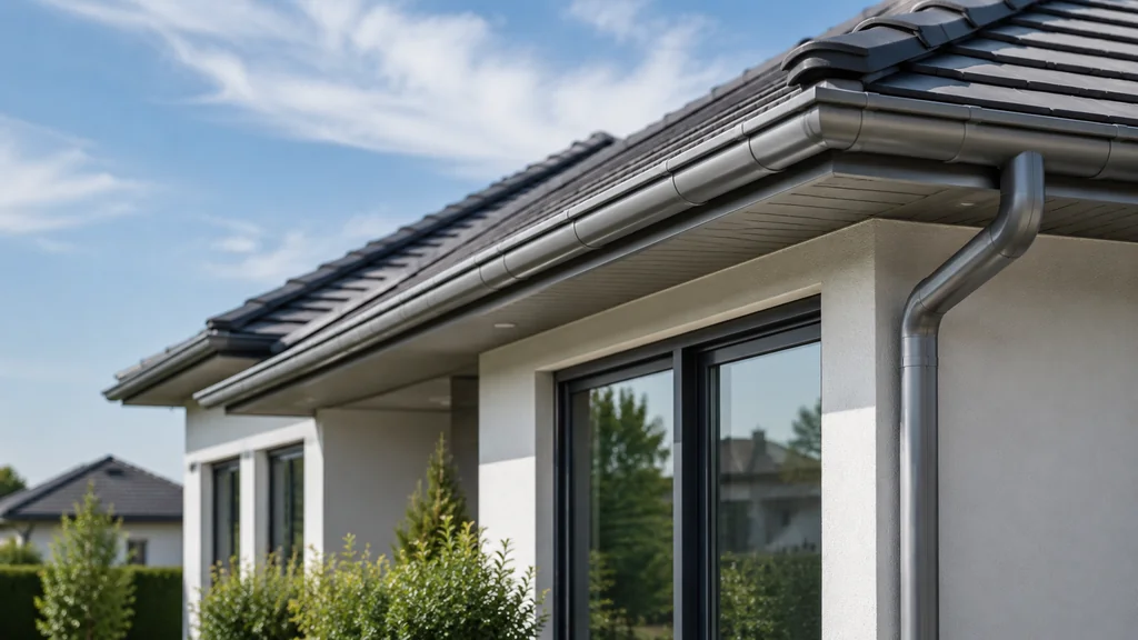Gouttières en aluminium installées sur une maison moderne avec toiture sombre.