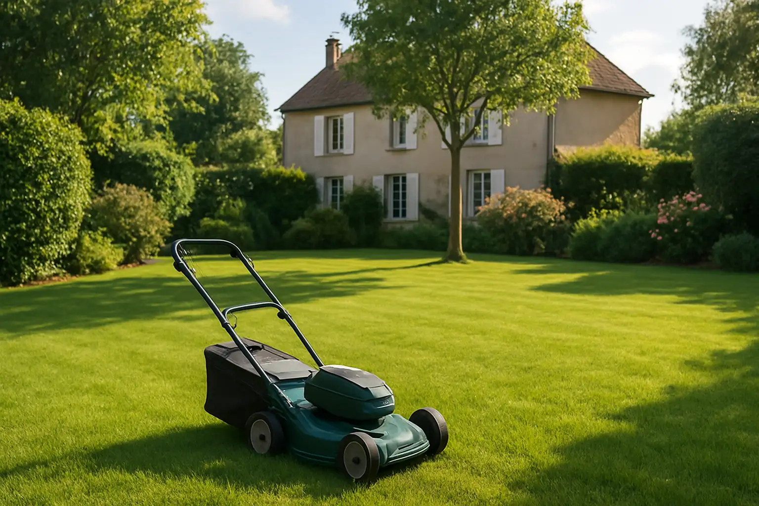 Tonte de pelouse dans un jardin résidentiel, avec une tondeuse à gazon et une pelouse entretenue