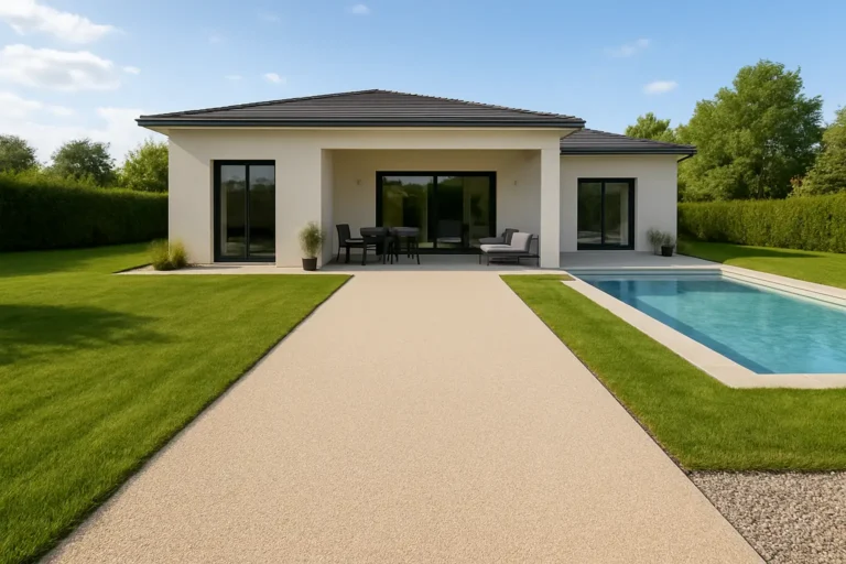 Allée extérieure en revêtement drainant minéral pour terrasse et plage de piscine