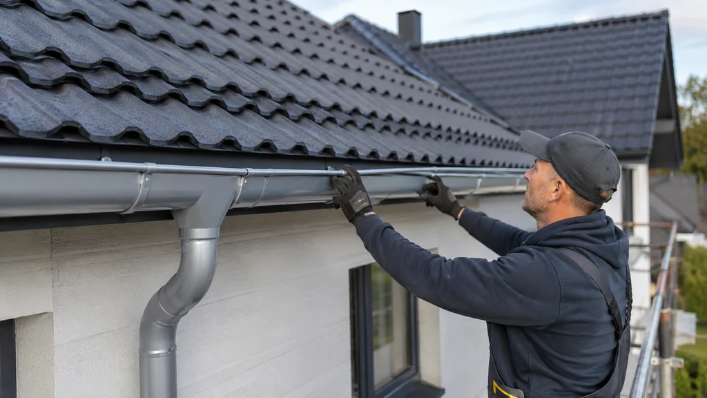 Professionnel installant une gouttière en aluminium sur le toit d’une maison moderne.