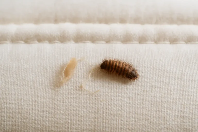 Gros plan d’une larve d’anthrène sur la couture d’un matelas avec une mue et des fibres détachées
