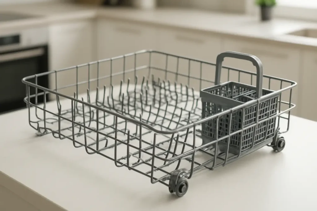 Panier inférieur de lave-vaisselle avec picots rabattables et range-couverts amovible