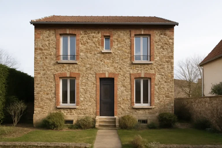Maison en meulière avec façade en pierre ancienne et détails de briques