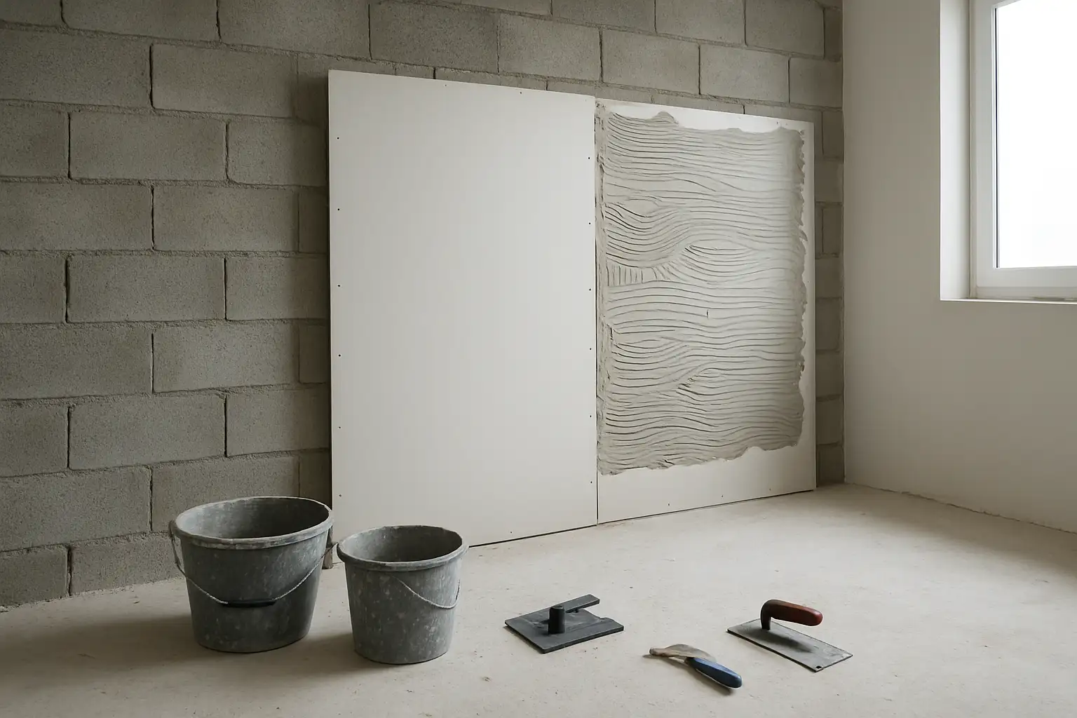 Pose de placo collé au MAP sur un mur intérieur en rénovation