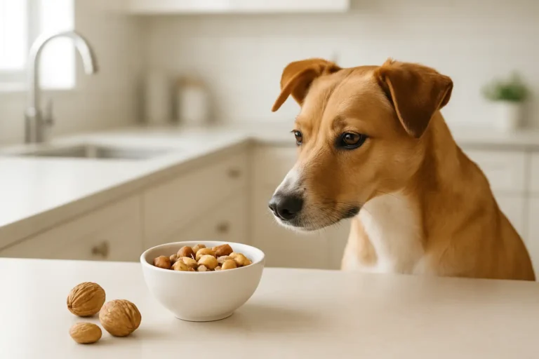 Chien dans une cuisine près d’un bol de noix, illustrant les risques des noix pour les chiens