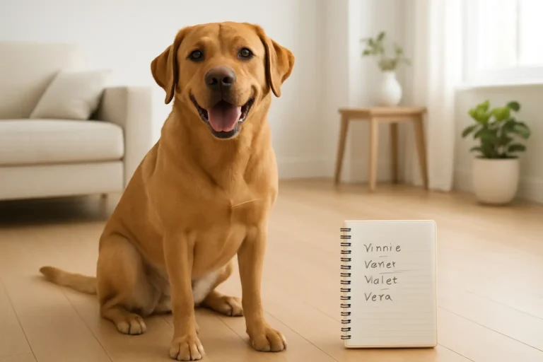 Un chien dans un intérieur lumineux près d’une liste de prénoms en V